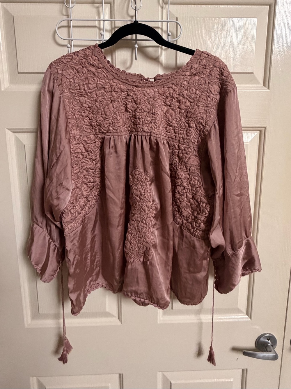 NWOT Sister Mary Satin Heavily Embroidered Tie Sleeve Blouse Boho